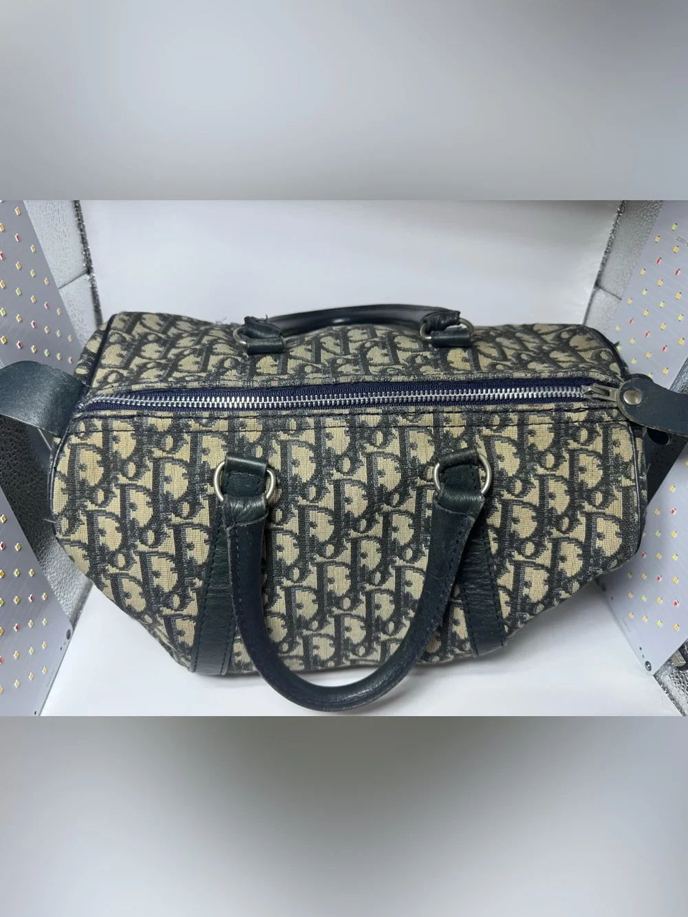 Christian Dior Oblique Boston Bag Blue Trotter Monogram Authentic Vintage Dior - Picture 8 of 16